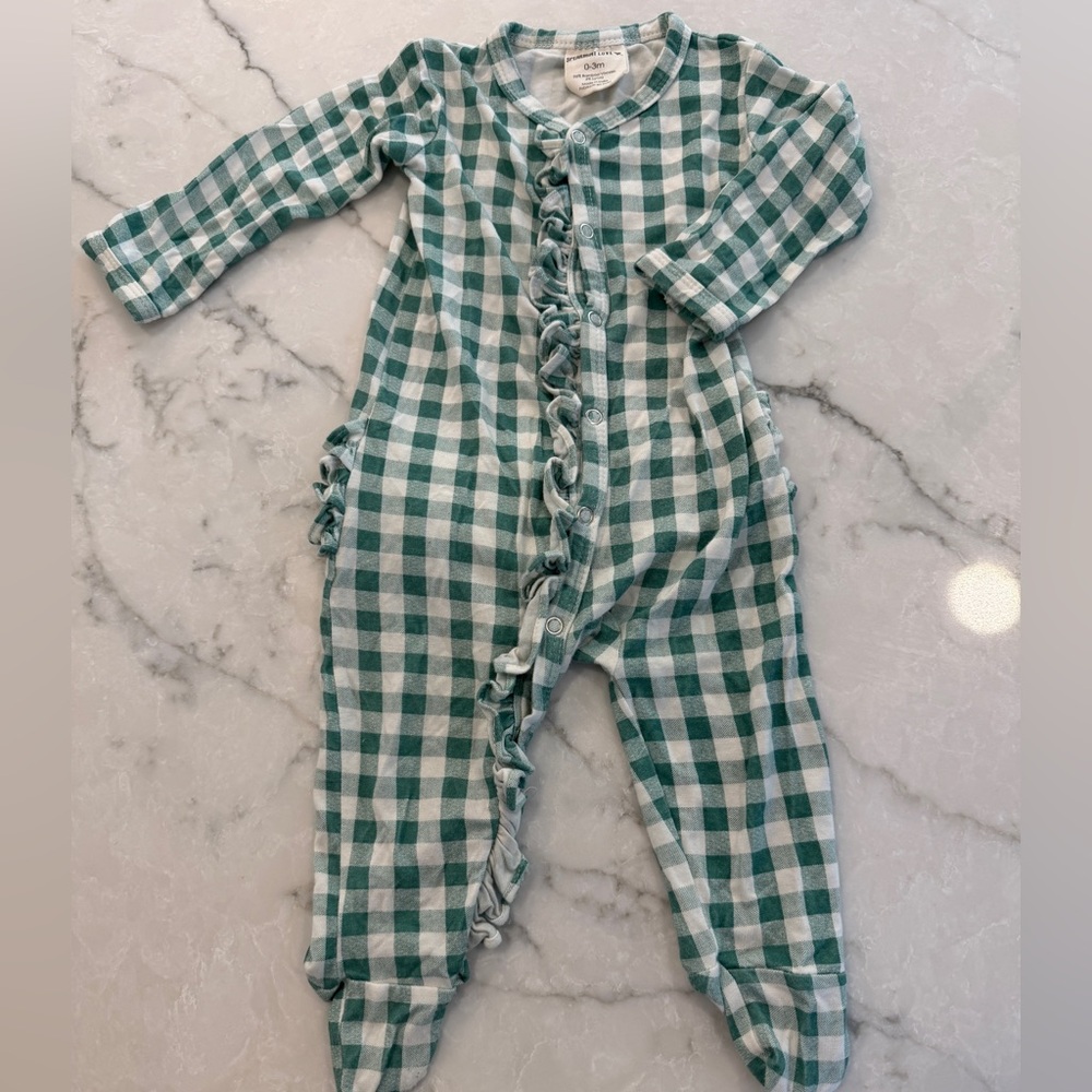 Spearmint Love Green Gingham Ruffle Footed One-Piece - Baby